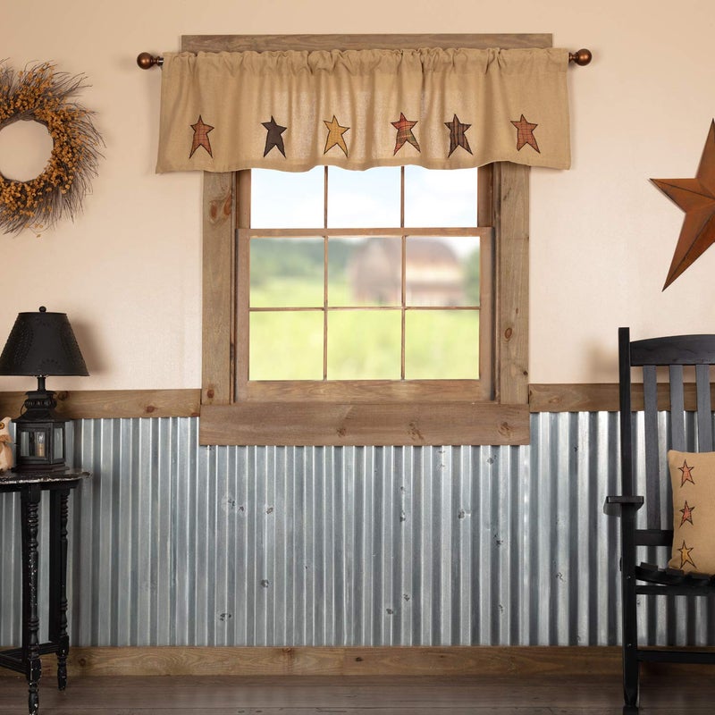 VHC Brands Stratton Primitive 16"x72" Stars Valance Tan Rod Pocket Appliqued Cotton Burlap Kitchen Window Curtains - Image 1